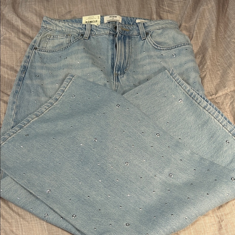 Cotton On Sky Blue Embellished Straight Leg Jeans
